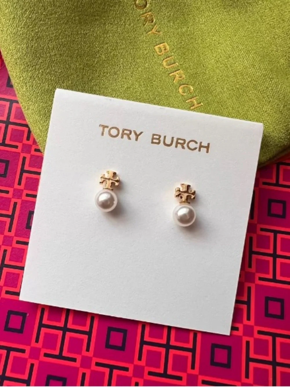 Tory Burch Gold and White Pearl Kids Stud Earrings